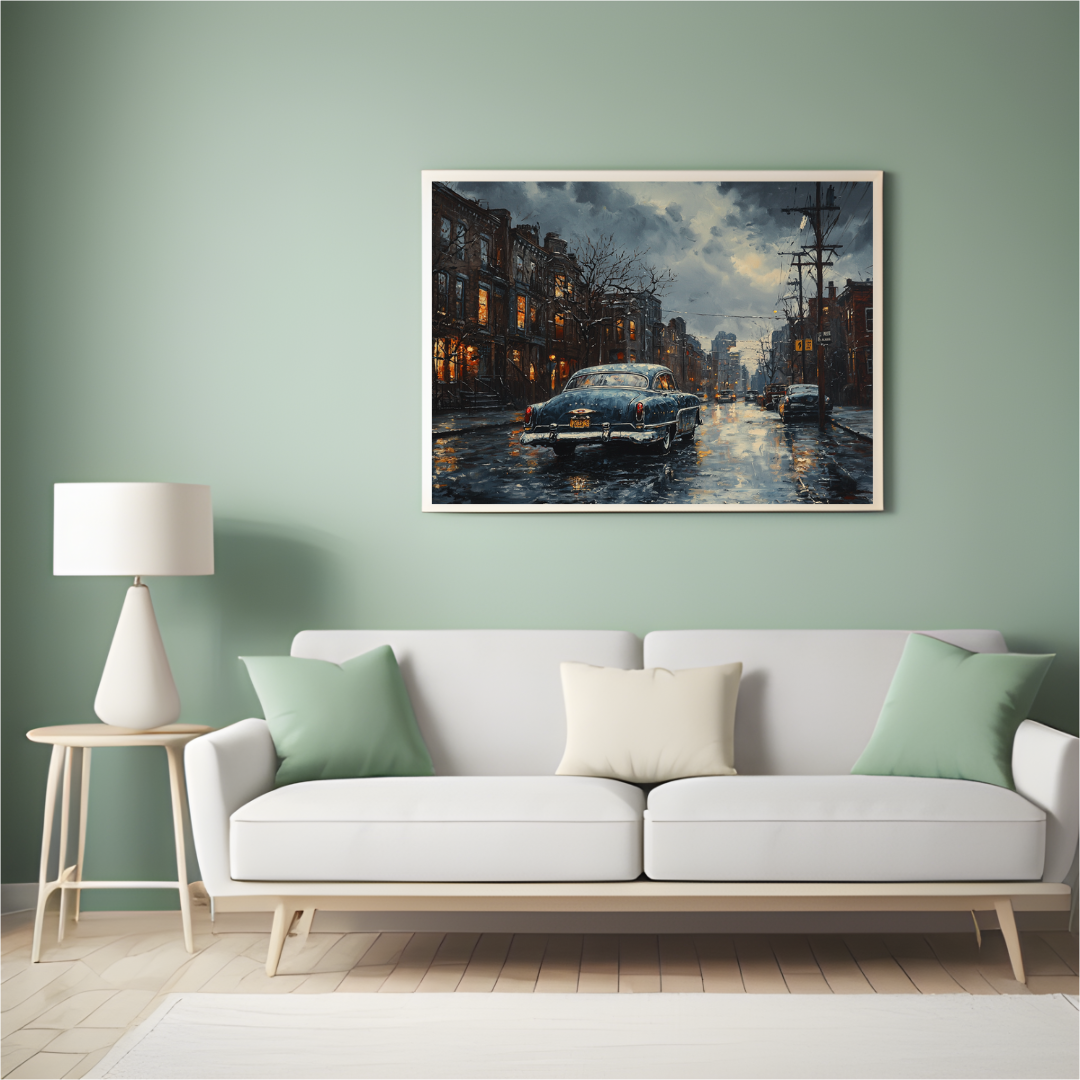 Evening Reflections - Classic Car in Urban Rain