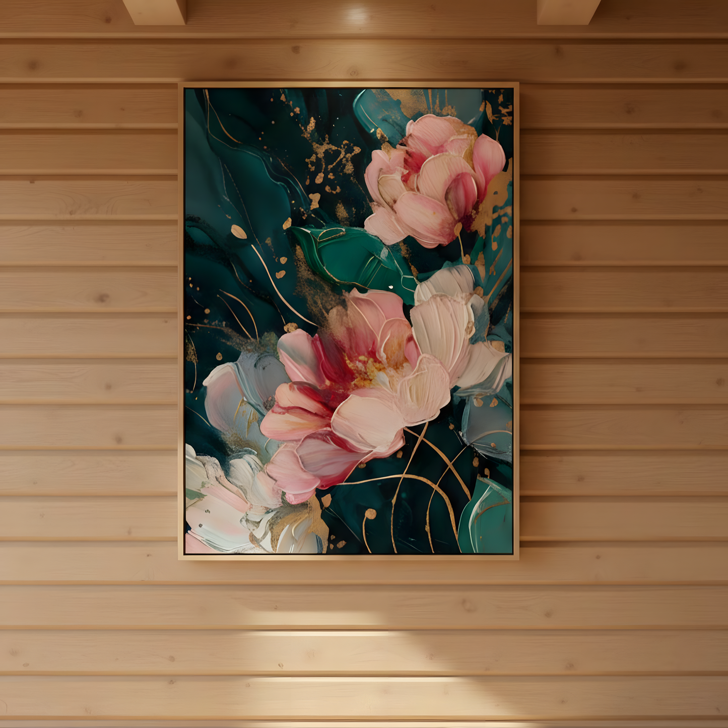 Emerald & Gold Peony Dream – Abstract Floral Canvas Wall Art
