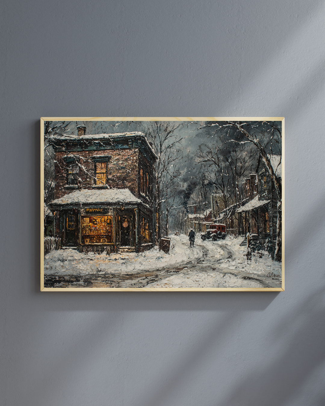 Winterabendfahrt – Vintage-Stadtstraßenkunst-Leinwanddruck