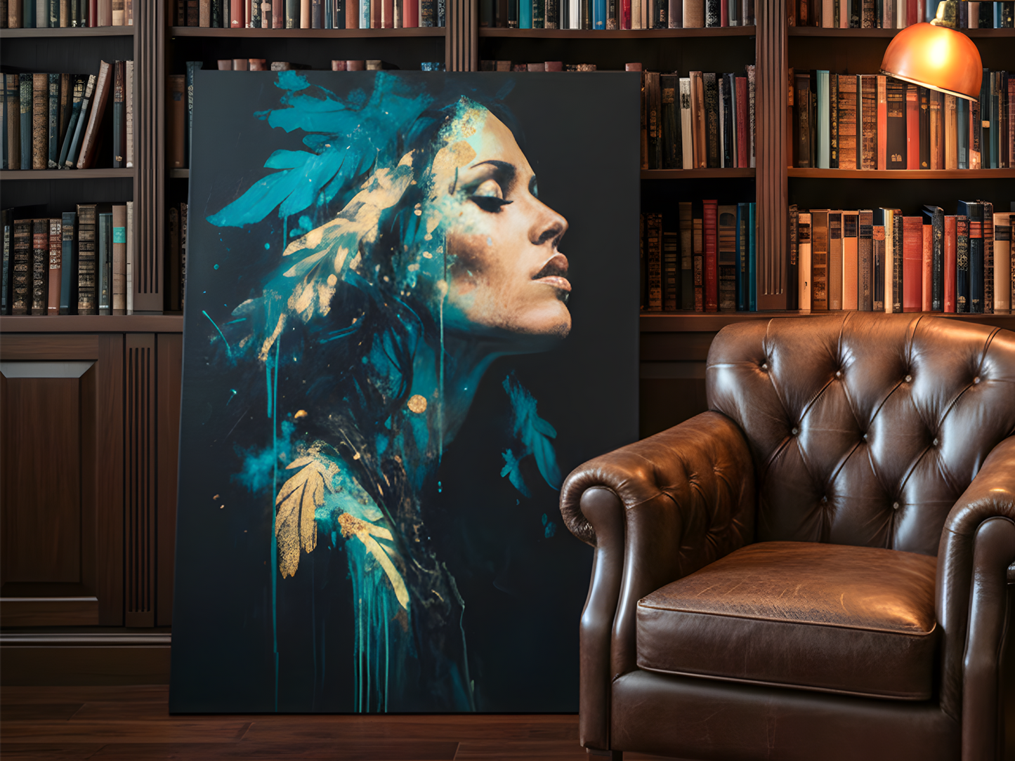 Ethereal Muse – Teal & Gold Textured Portrait Canvas