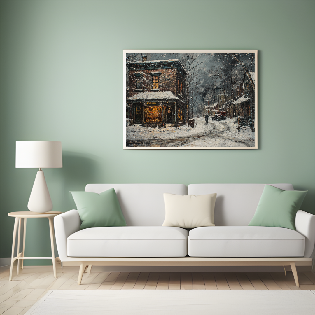 Winterabendfahrt – Vintage-Stadtstraßenkunst-Leinwanddruck