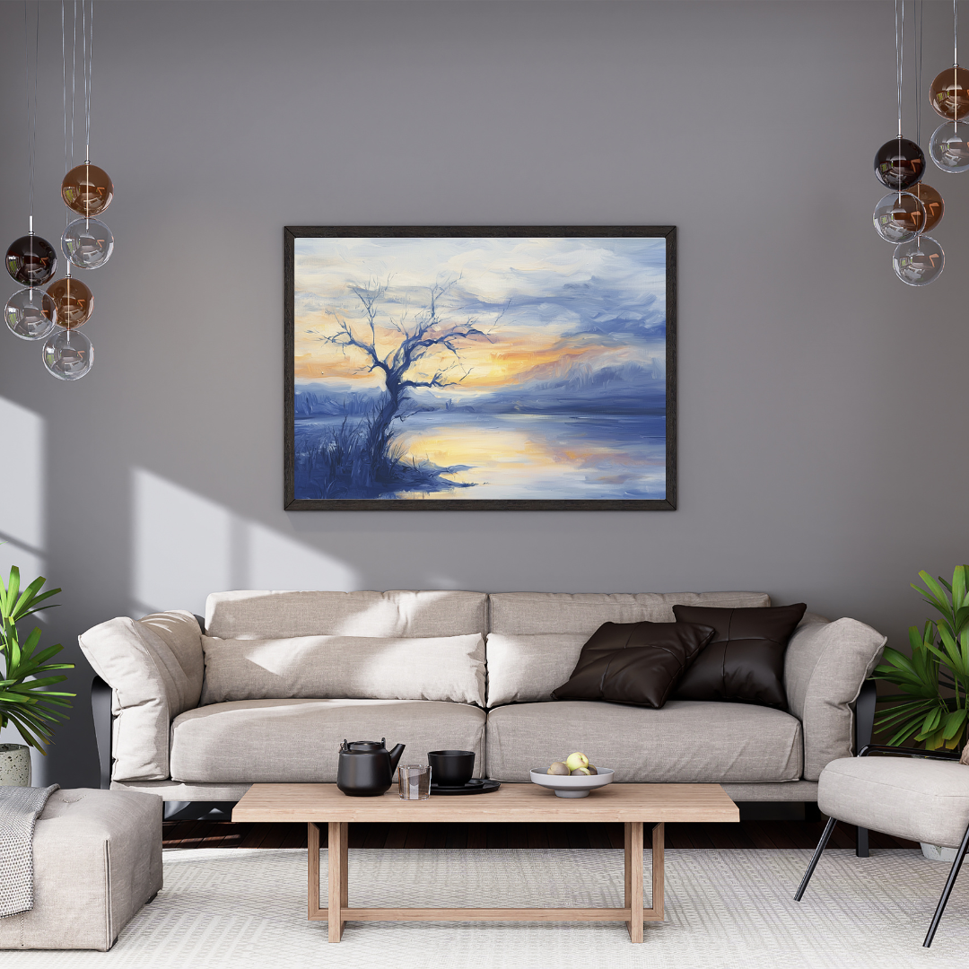 Lonely Tree at Dusk – Blue Evening Landscape Painting
