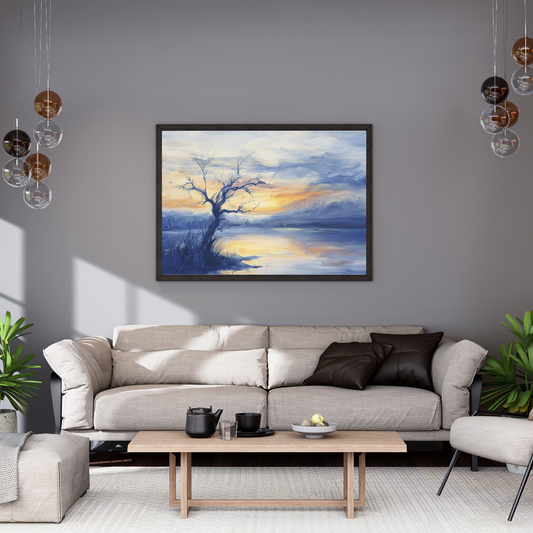 Lonely Tree at Dusk – Blue Evening Landscape Painting