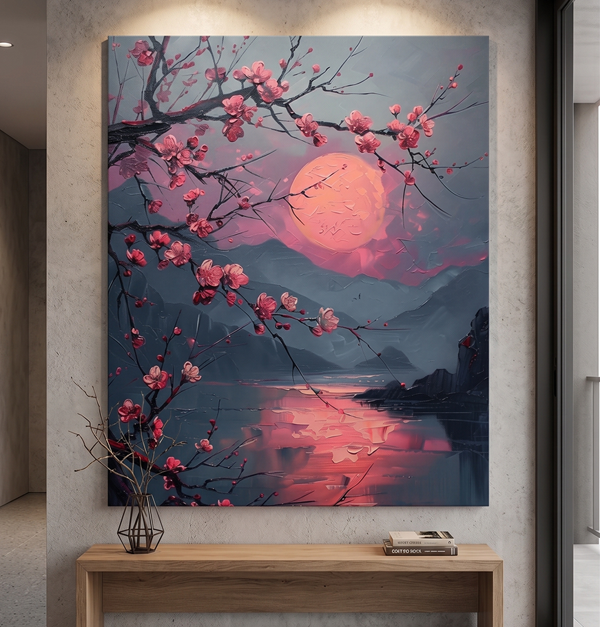 Crimson Moon Blossom – Serene Japanese Landscape Canvas