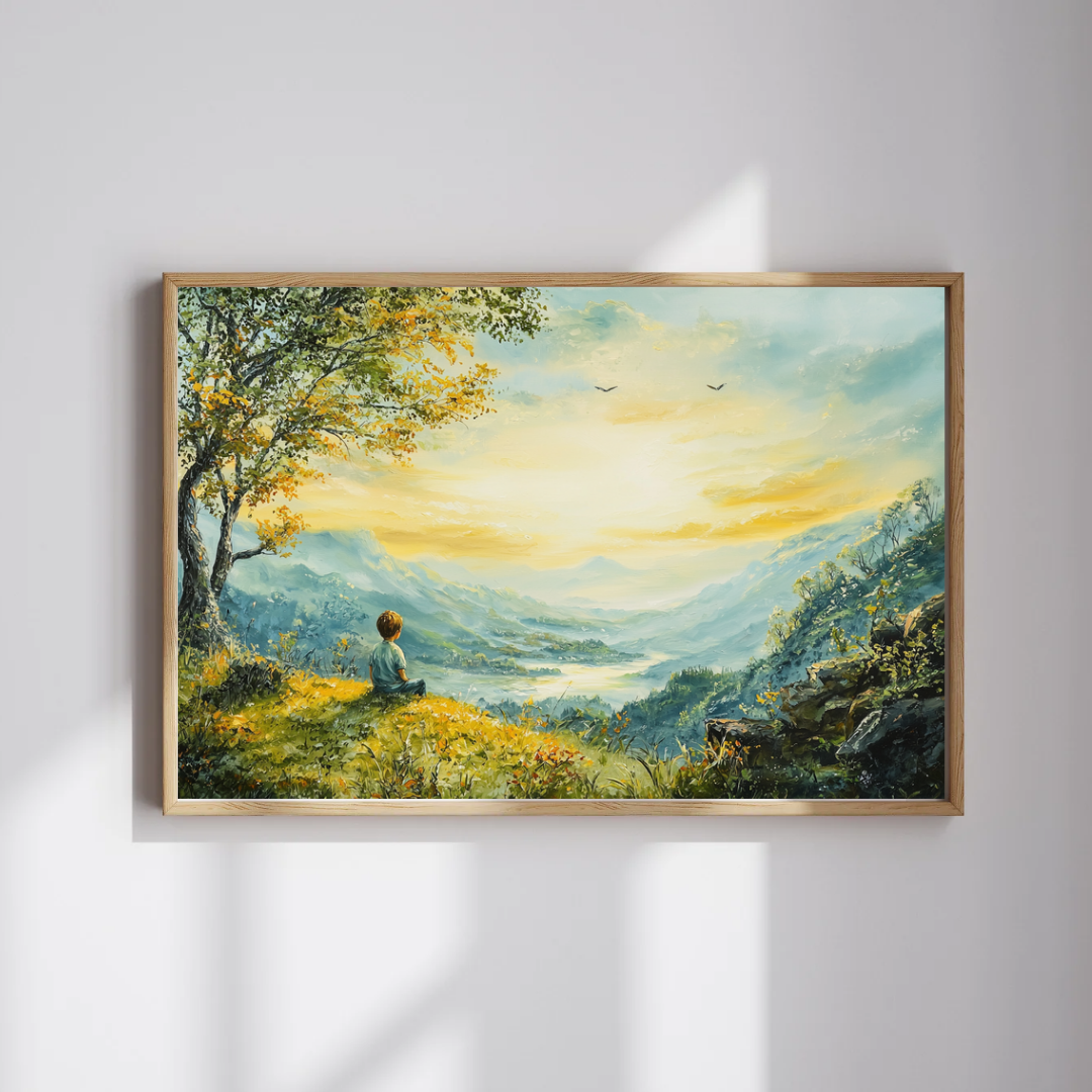 Spiegelung im goldenen Morgenlicht – Junge beobachtet Sonnenaufgang in der Natur