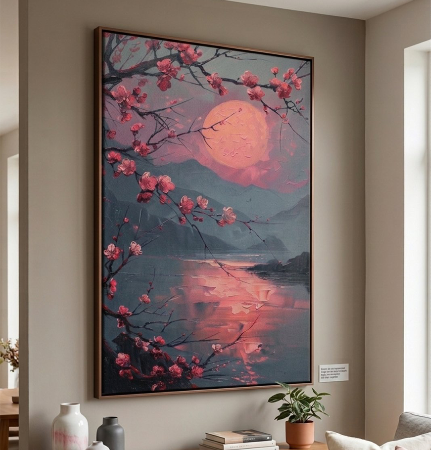 Crimson Moon Blossom – Serene Japanese Landscape Canvas