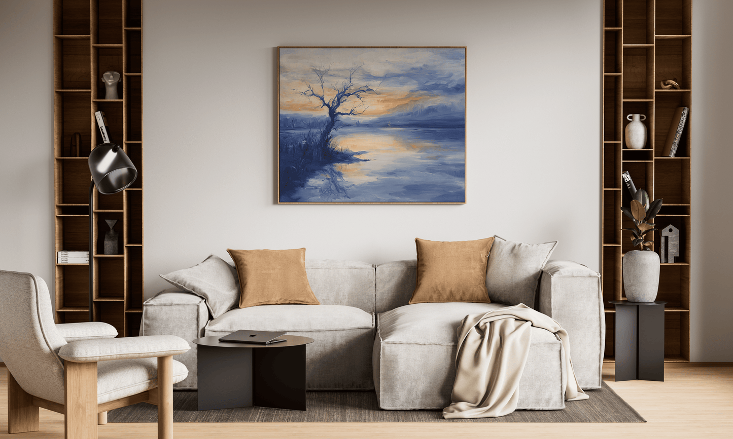 Lonely Tree at Dusk – Blue Evening Landscape Painting