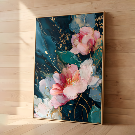 Emerald & Gold Peony Dream – Abstract Floral Canvas Wall Art