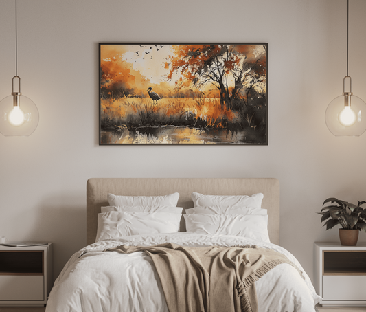 Autumn Elegance – Watercolor Landscape with Bird and Golden Trees