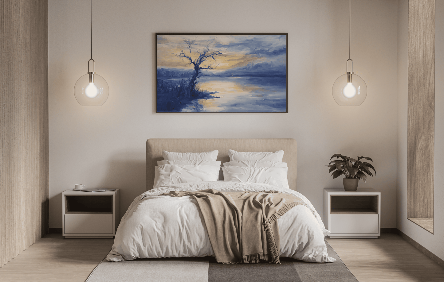 Lonely Tree at Dusk – Blue Evening Landscape Painting