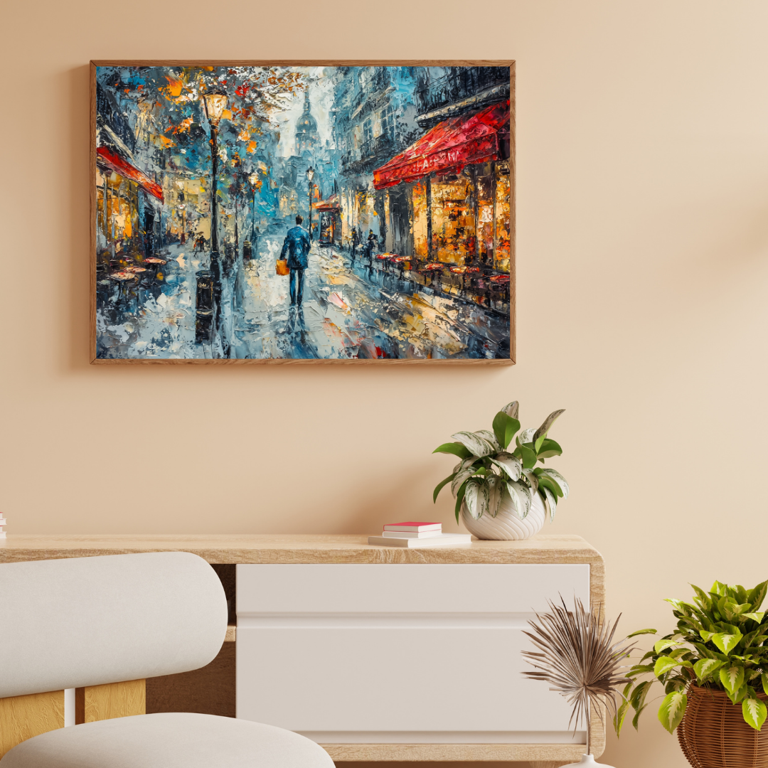 Regnerischer Pariser Abend – Romantische Straßencafé-Kunst