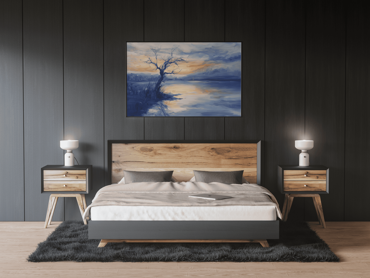 Lonely Tree at Dusk – Blue Evening Landscape Painting