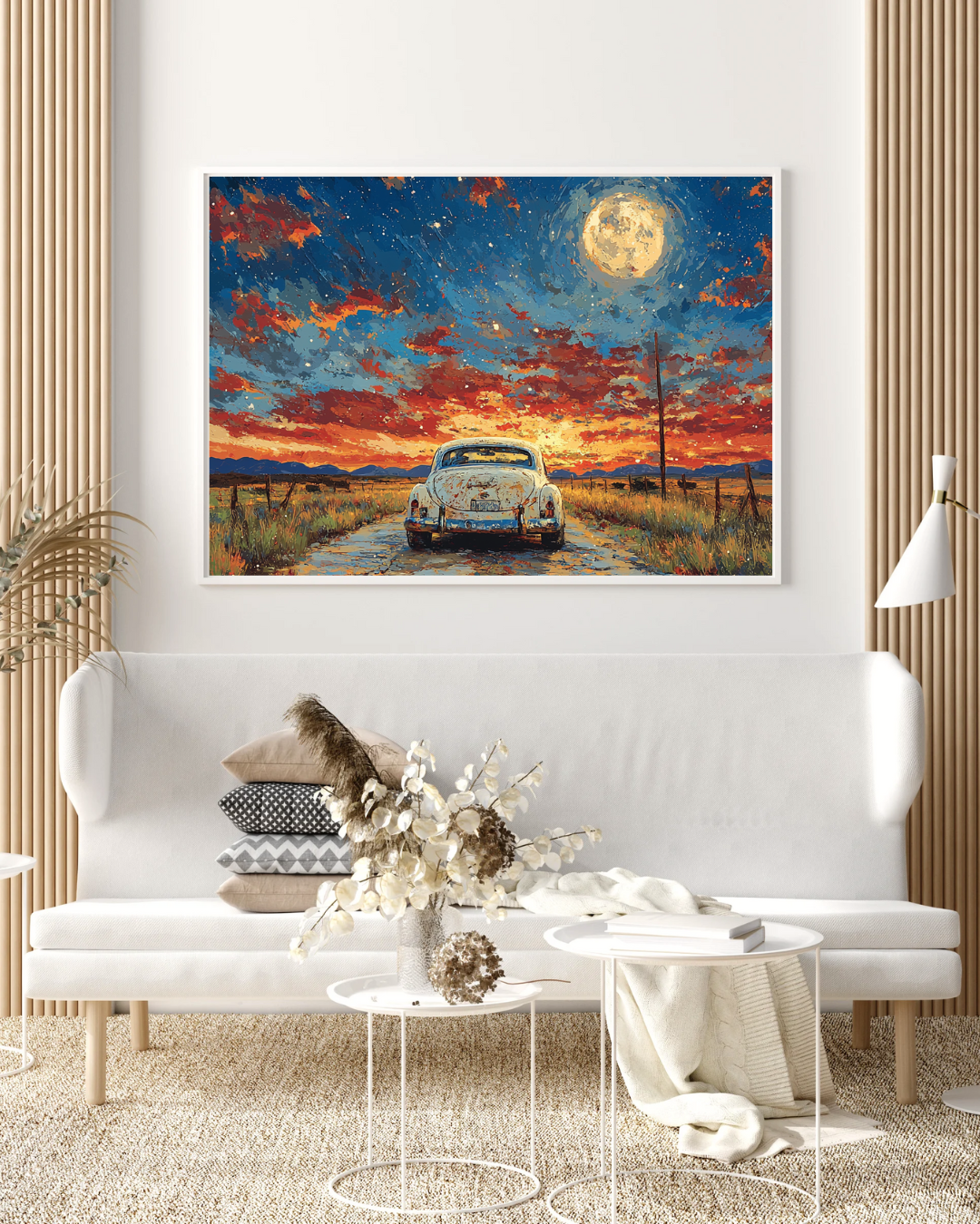 Mondbeschienene Straße – Oldtimer unter Sternenhimmel