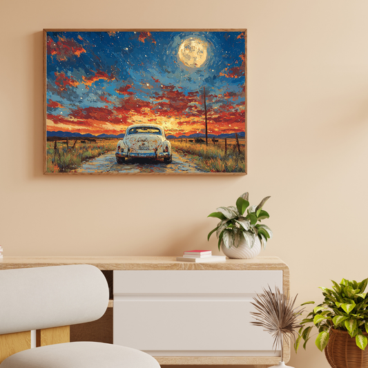 Mondbeschienene Straße – Oldtimer unter Sternenhimmel