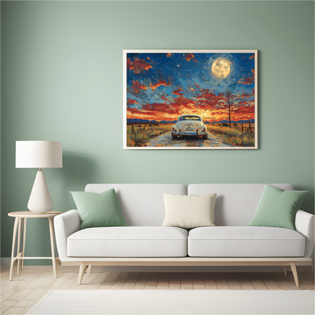 Mondbeschienene Straße – Oldtimer unter Sternenhimmel