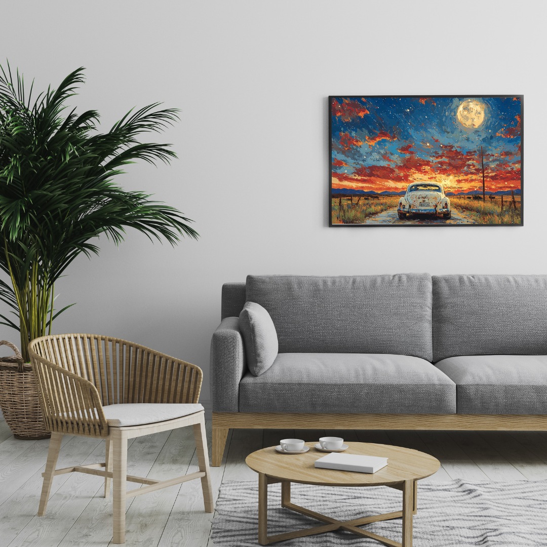 Mondbeschienene Straße – Oldtimer unter Sternenhimmel