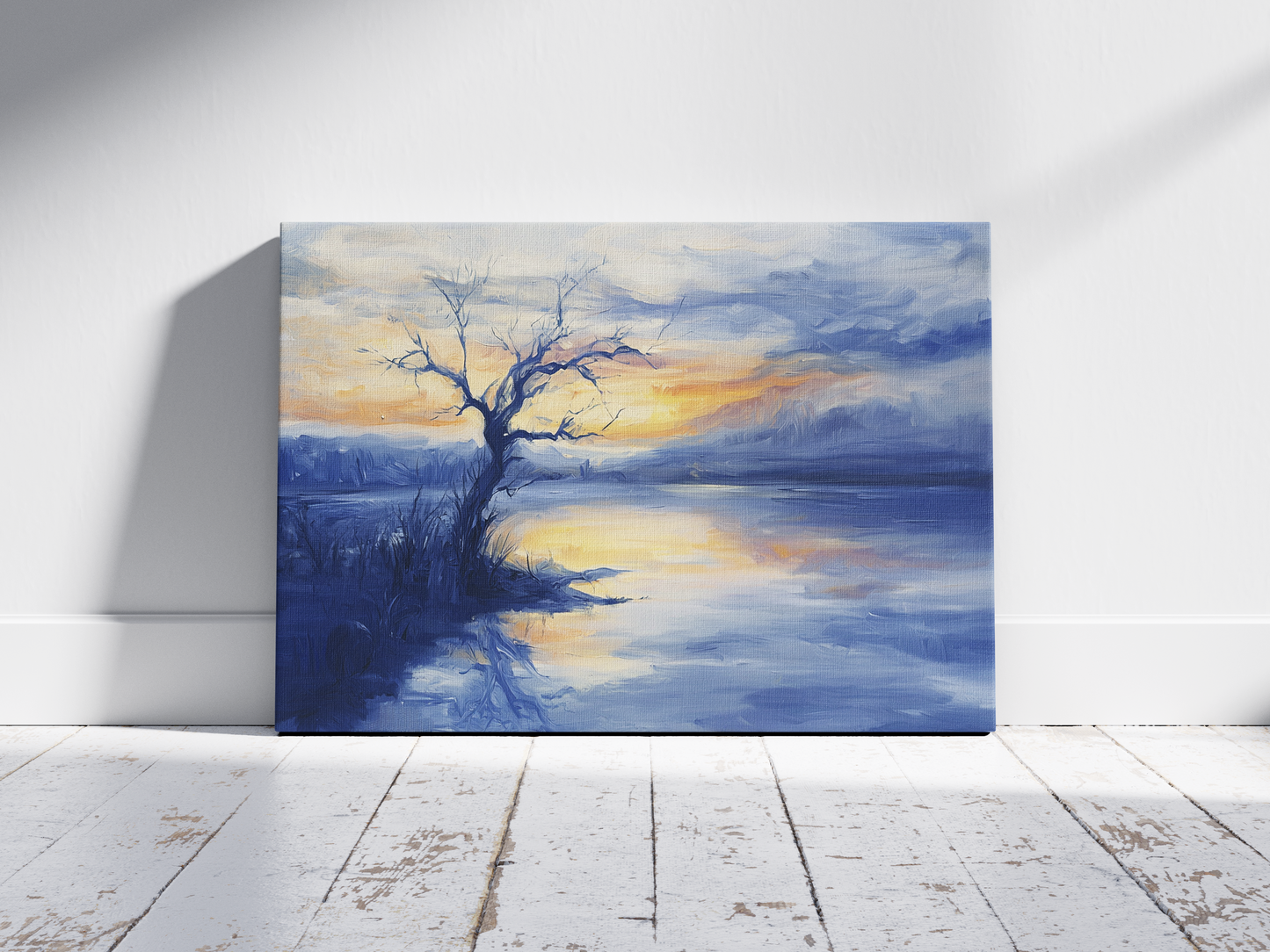Lonely Tree at Dusk – Blue Evening Landscape Painting