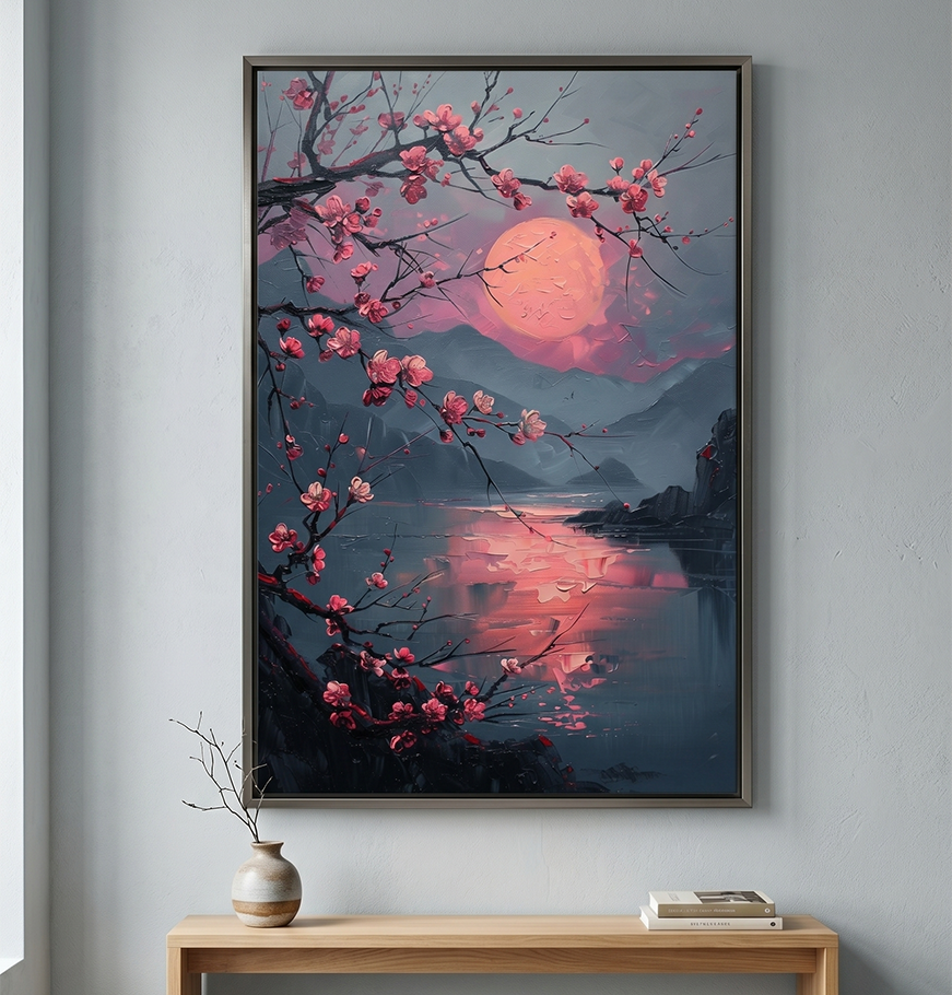 Crimson Moon Blossom – Serene Japanese Landscape Canvas