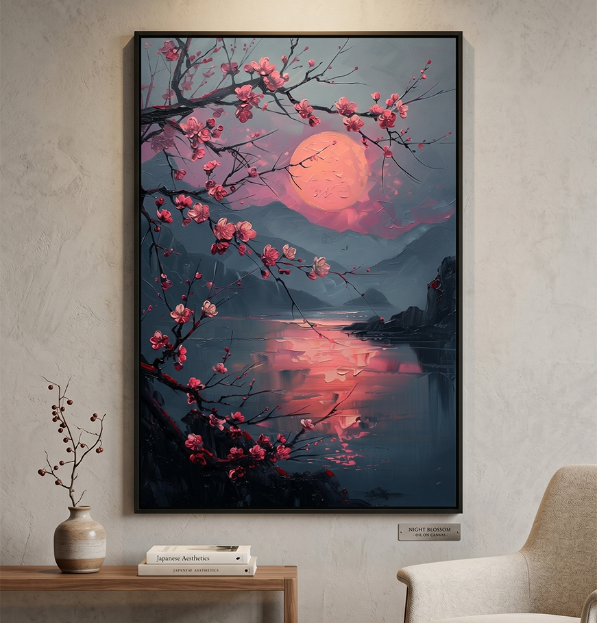 Crimson Moon Blossom – Serene Japanese Landscape Canvas