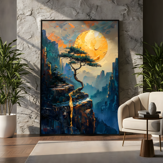 Golden Moonrise – Dreamlike Cliffside Landscape Canvas