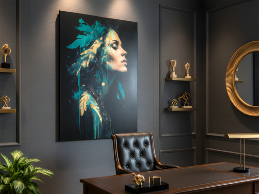 Ethereal Muse – Teal & Gold Textured Portrait Canvas