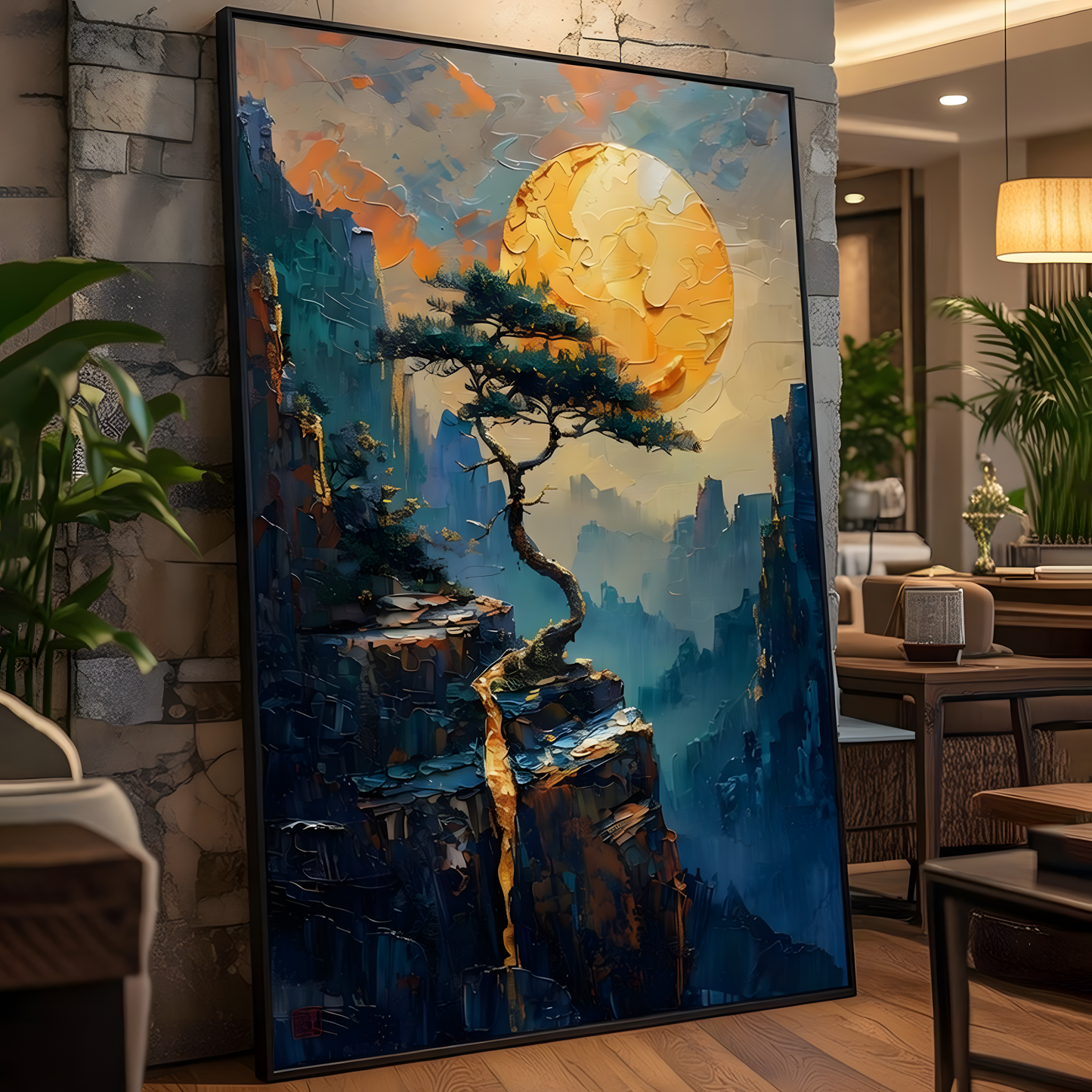 Golden Moonrise – Dreamlike Cliffside Landscape Canvas