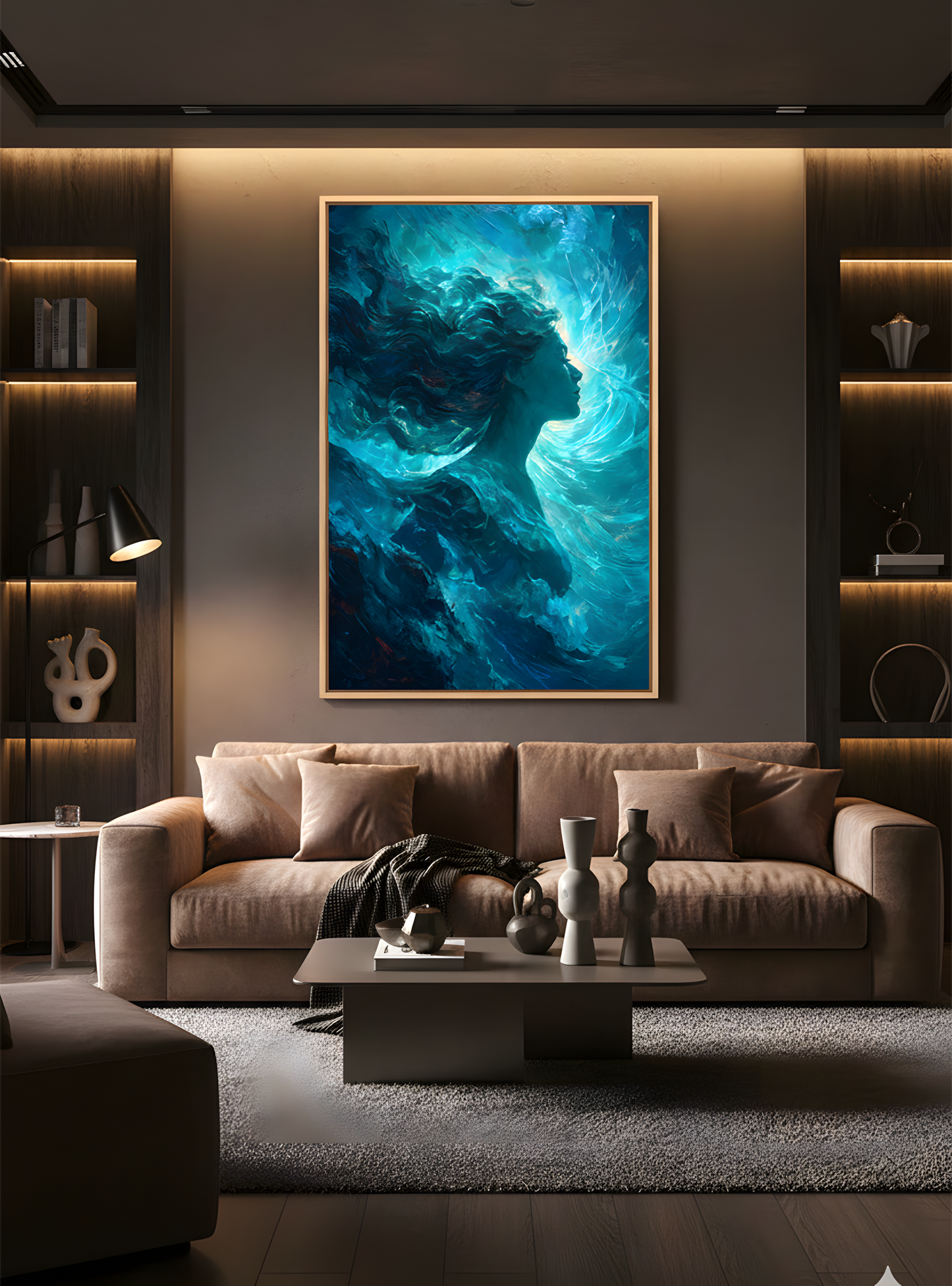 Ätherischer blauer Fluss – Abstrakte weibliche Leinwand-Wandkunst