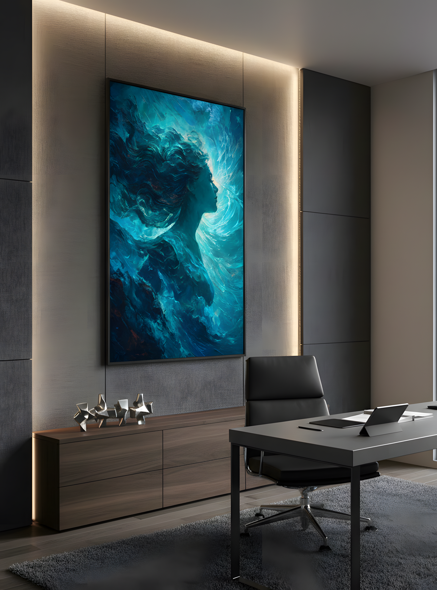 Ätherischer blauer Fluss – Abstrakte weibliche Leinwand-Wandkunst