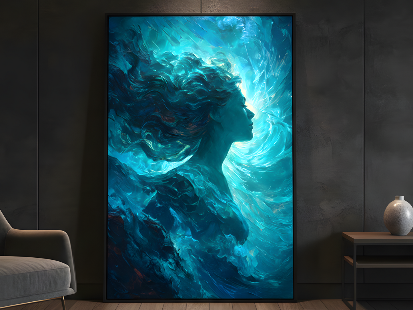 Ätherischer blauer Fluss – Abstrakte weibliche Leinwand-Wandkunst