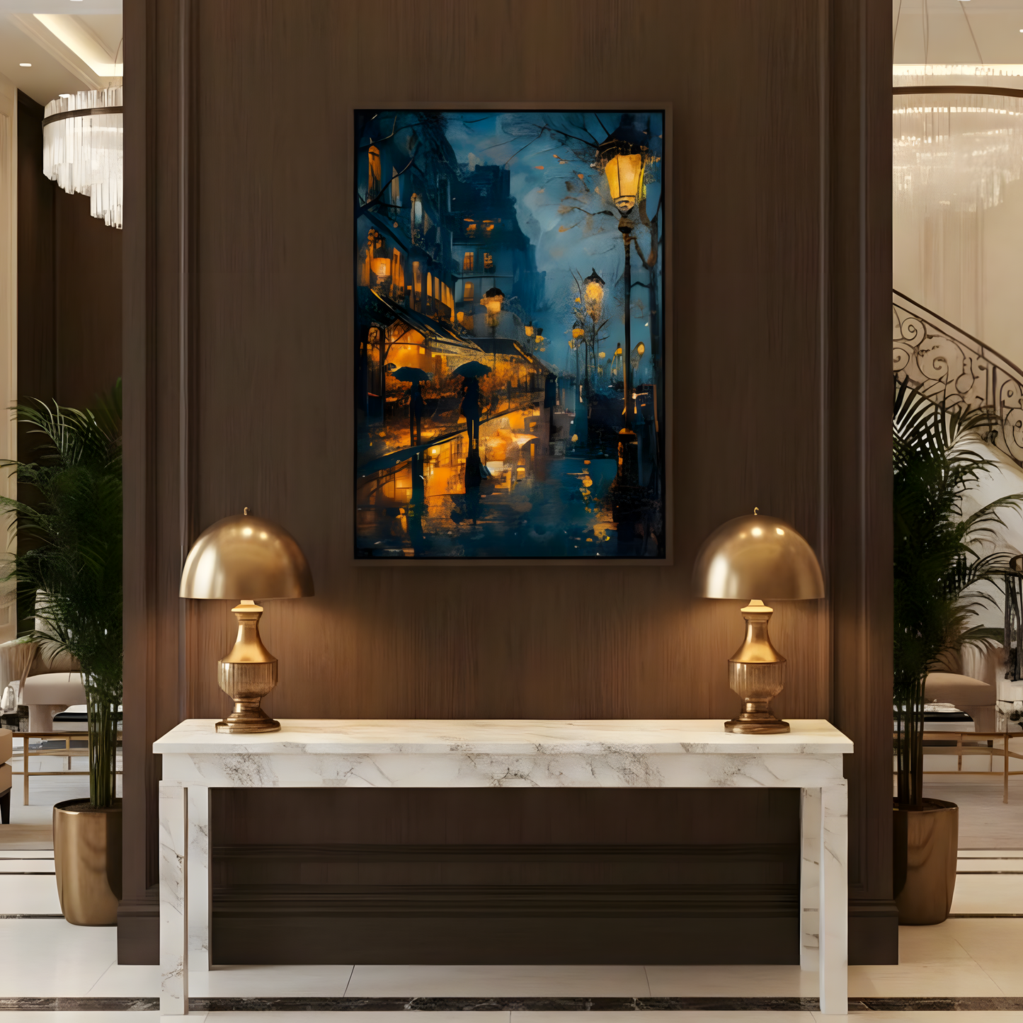 Golden Reflections – Rainy City Night Canvas