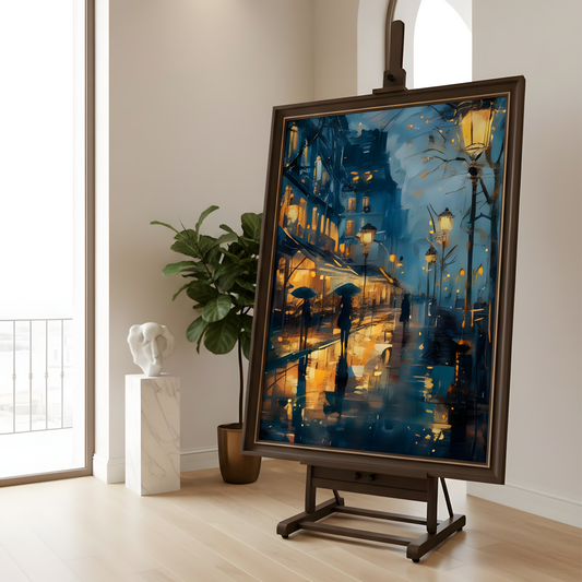Golden Reflections – Rainy City Night Canvas