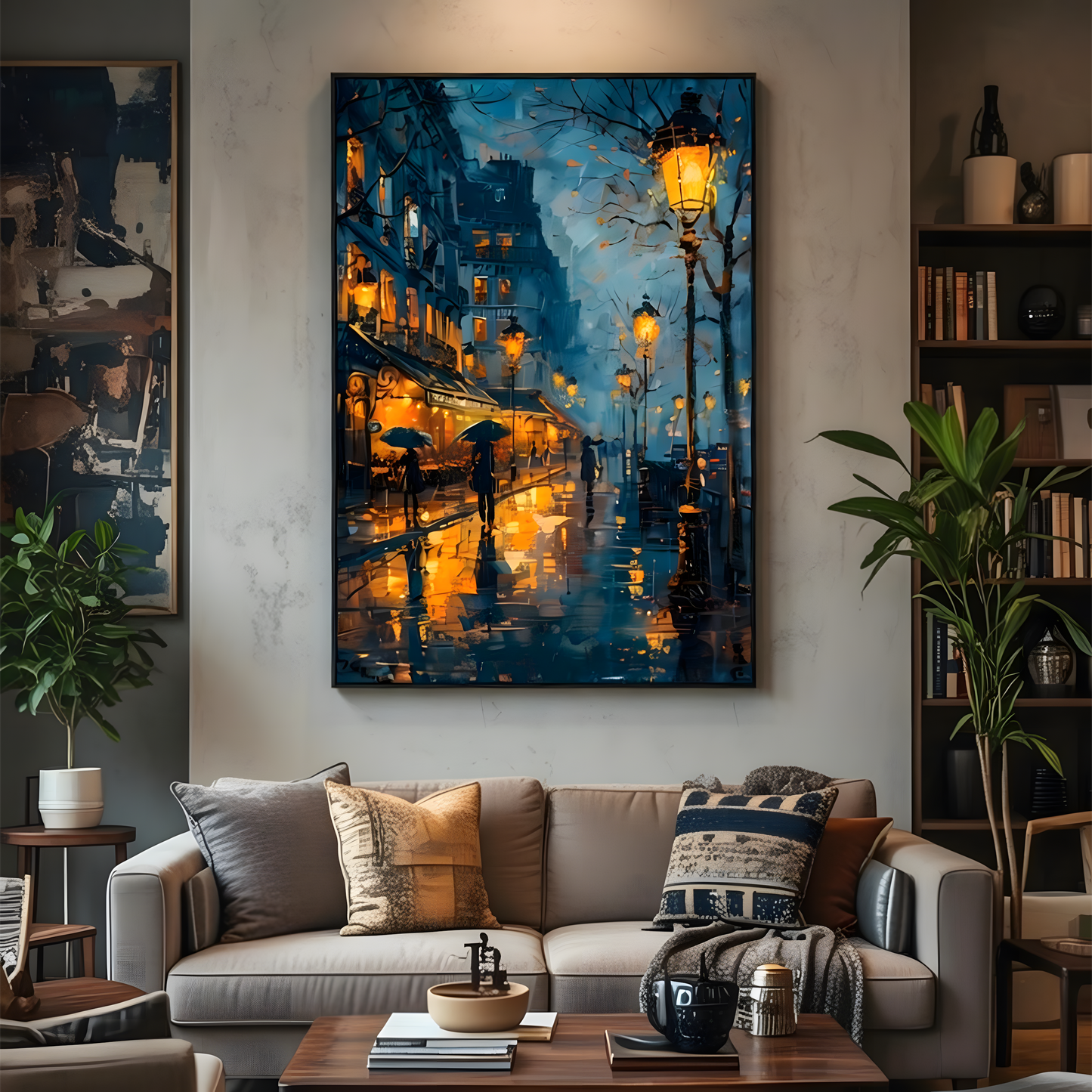 Golden Reflections – Rainy City Night Canvas