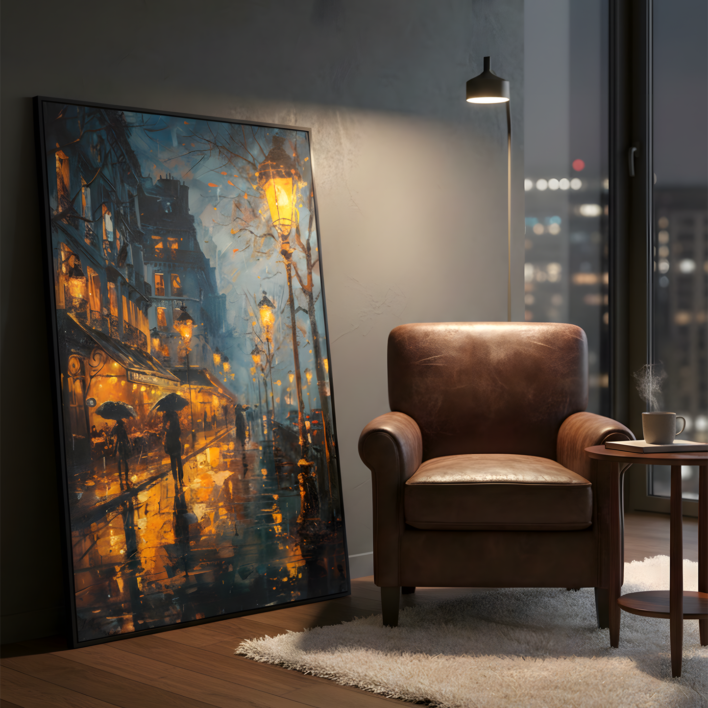 Golden Reflections – Rainy City Night Canvas