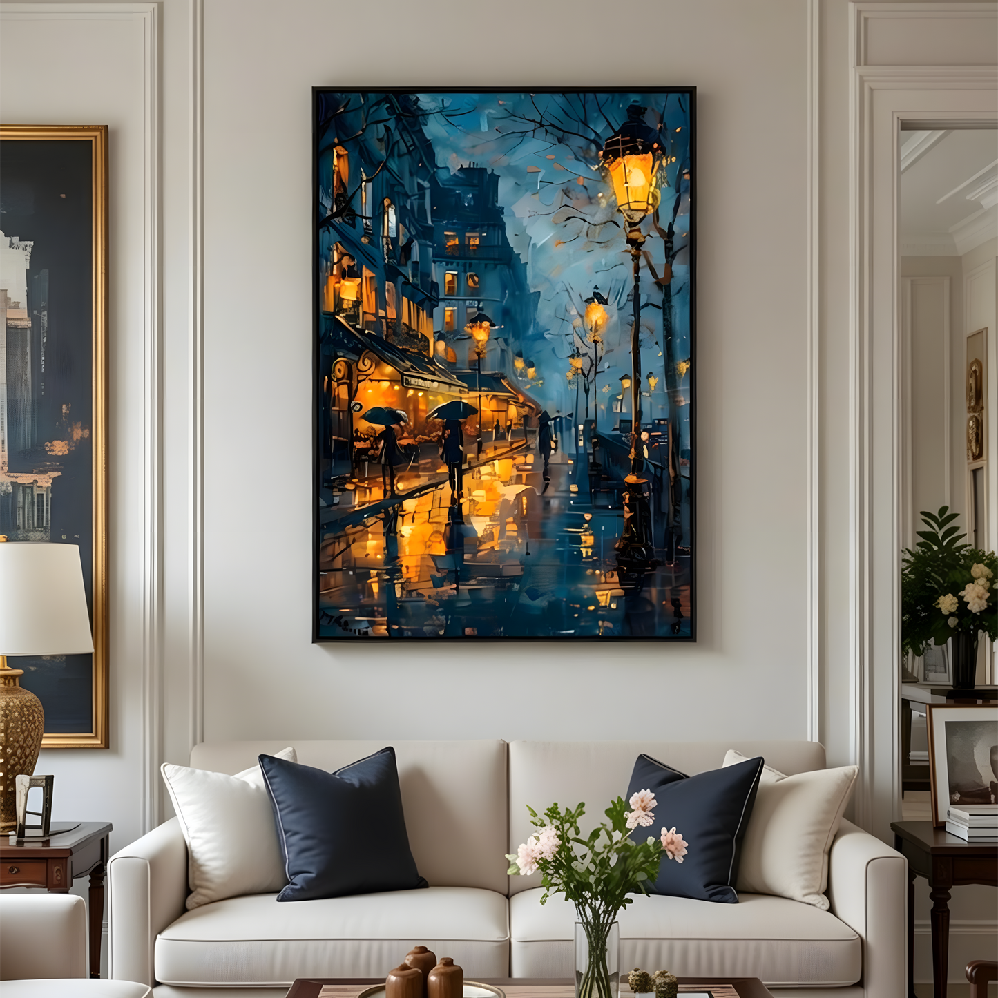 Golden Reflections – Rainy City Night Canvas