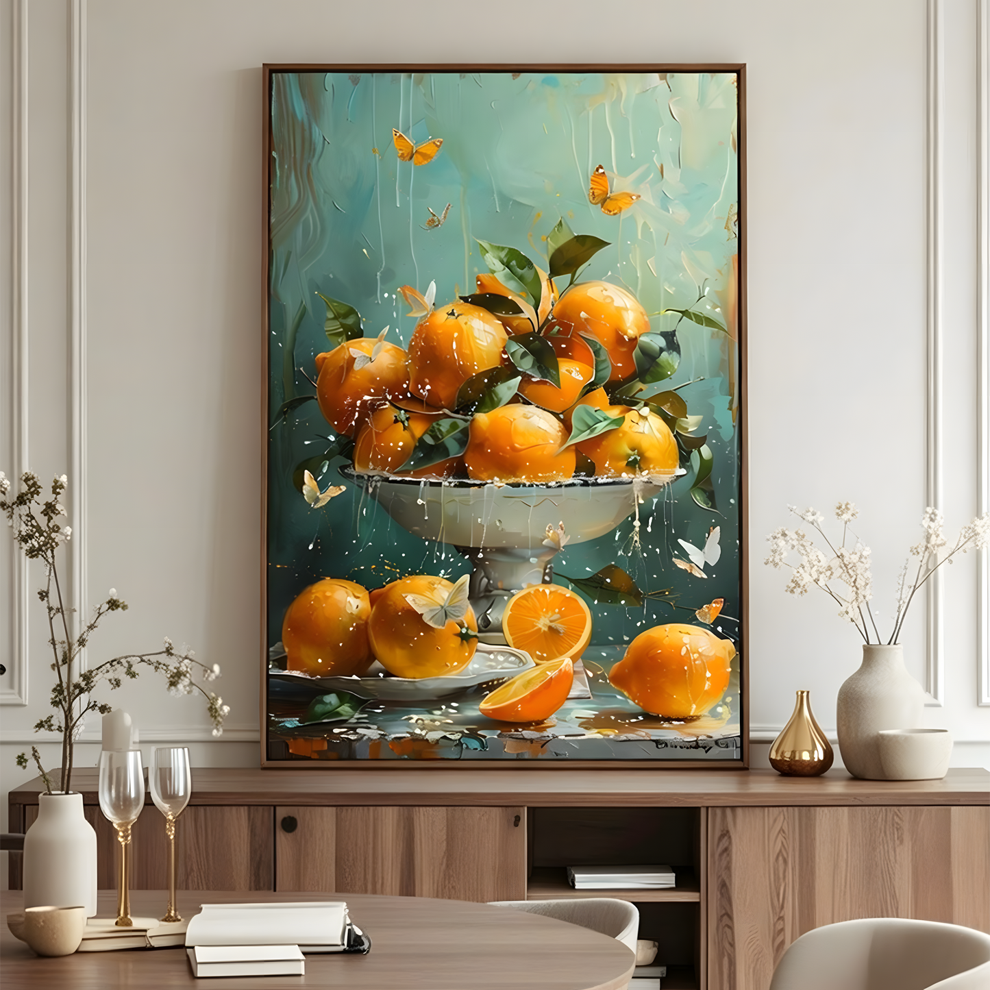 Golden Citrus – Oranges & Butterflies Still Life Canvas
